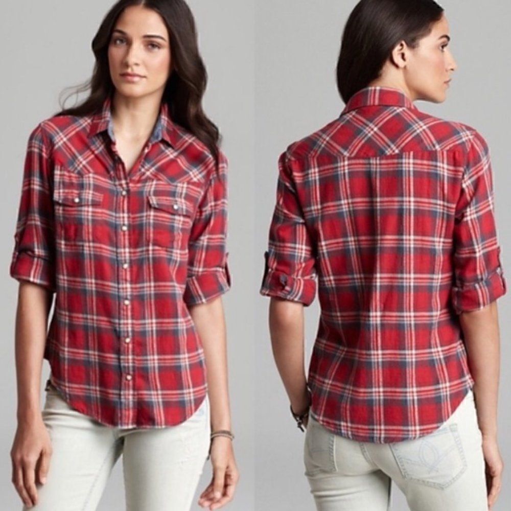 Jachs GirlFriend Bea Flannelย Shirt Red Plaid Large Pearl Snapโwestern buttonโup